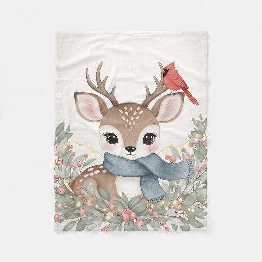 Sweet Reindeer & Cardinal Watercolor Christmas Art Fleece Deken (Voorkant)