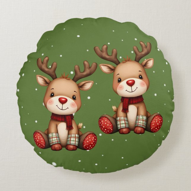 Sweet Reindeer Pair in Holiday Snowfall Rond Kussen (Voorkant)