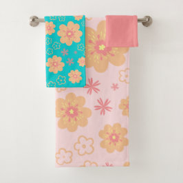 Sweet Retro Flower Pattern and Pink Bath Towel Set Bad Handdoek