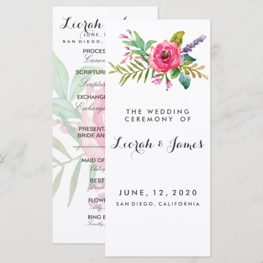 Sweet romantic waterverf bloemen programmakaart (Voorkant / Achterkant)