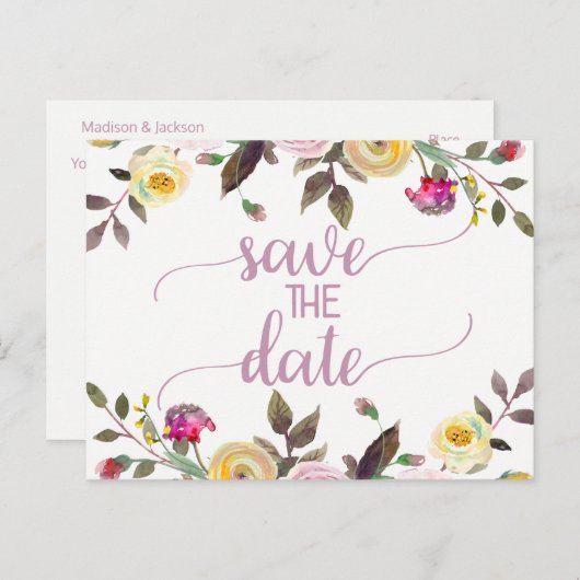 Sweet Roos Waterverf Bloemenbruiloft Save the Date Aankondigingskaart (Voorkant / Achterkant)