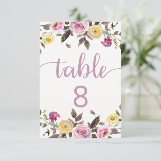Sweet Roos Waterverf Floral Wedding Table Numbers Kaart (Staand voorkant)