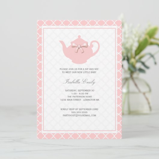 Sweet-roze theepot-Baby Sip en zie Tea Party Kaart (Staand voorkant)