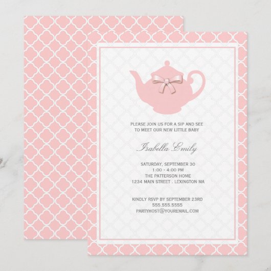 Sweet-roze theepot-Baby Sip en zie Tea Party Kaart (Voorkant / Achterkant)