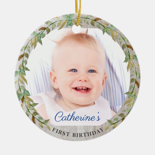 Sweet Rustic Botanical 1st Birthday Photo Keramisch Ornament (Voorkant)