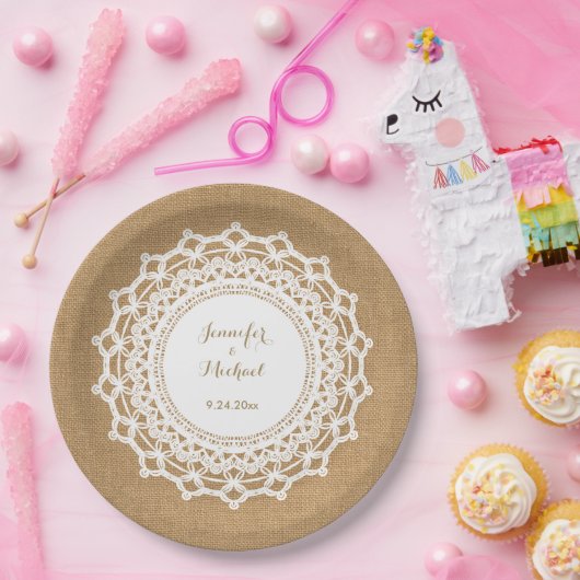 Sweet Rustic Burlap Look en Witte kant bruiloft Papieren Bordje (Feest)