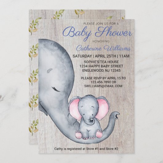 Sweet Rustic Elephant Blue Boy Baby shower Kaart (Voorkant / Achterkant)
