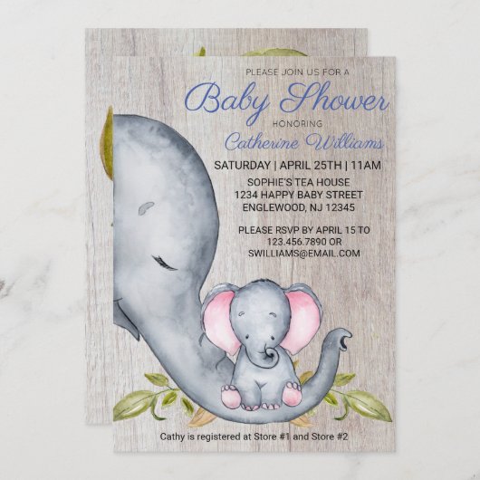 Sweet Rustic Elephant Blue Boy Baby shower nodigt  Kaart (Voorkant / Achterkant)
