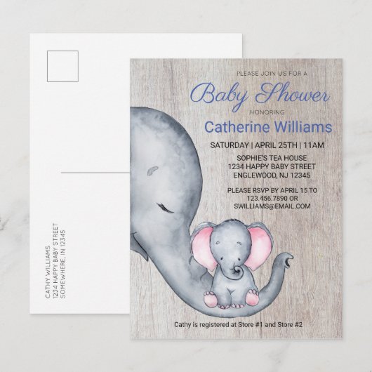 Sweet Rustic Elephant Blue Boy Baby shower nodigt  Uitnodiging Briefkaart (Voorkant / Achterkant)