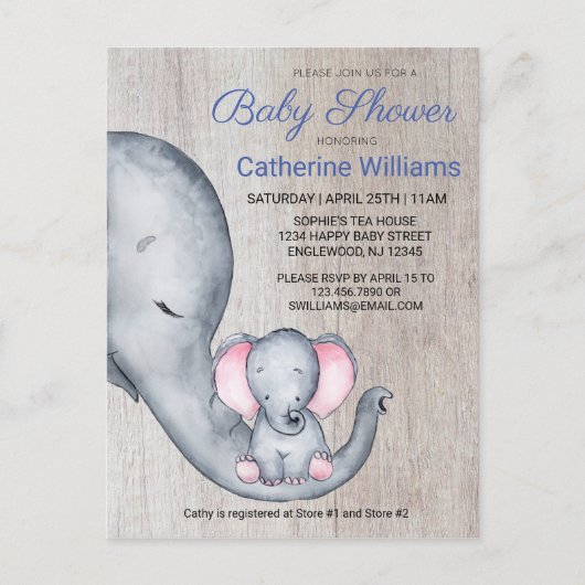 Sweet Rustic Elephant Blue Boy Baby shower nodigt  Uitnodiging Briefkaart (Voorkant)