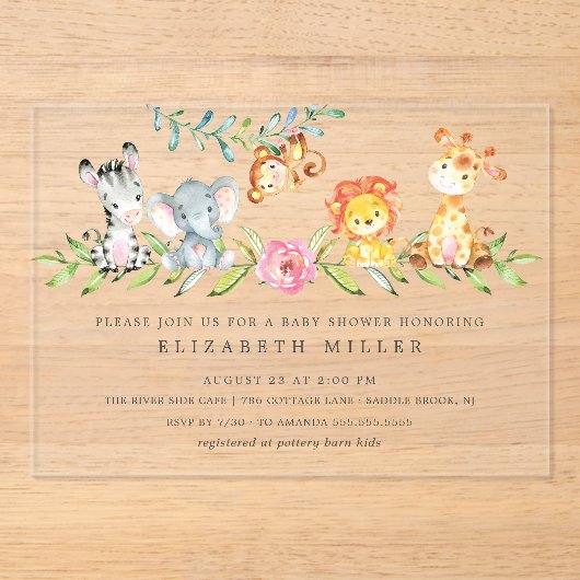 Sweet Safari Animals Baby shower Acryl Uitnodigingen (Voorkant)