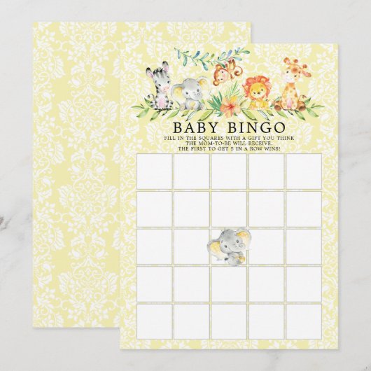 Sweet Safari Animals BINGO Baby shower Game Kaart (Voorkant / Achterkant)