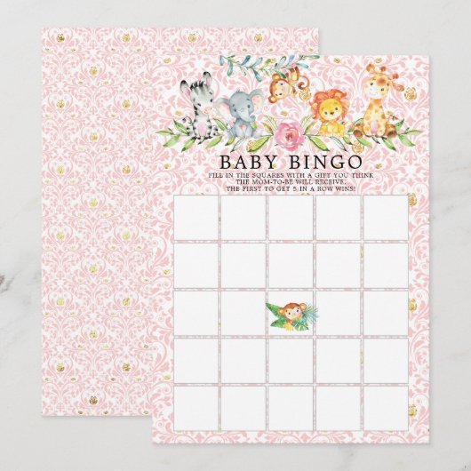 Sweet Safari Animals BINGO Baby shower Game Kaart (Voorkant / Achterkant)