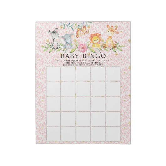 Sweet Safari Animals Girls Baby shower Bingo Game Notitieblok (Linkerzijde)