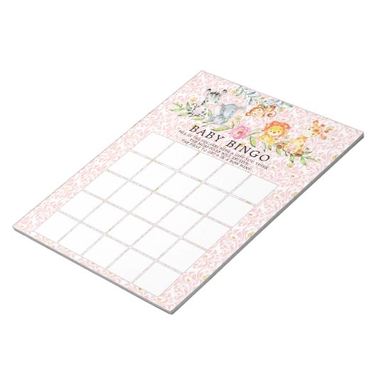 Sweet Safari Animals Girls Baby shower Bingo Game Notitieblok (Schuin)