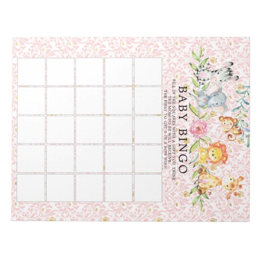 Sweet Safari Animals Girls Baby shower Bingo Game Notitieblok (Voorkant)