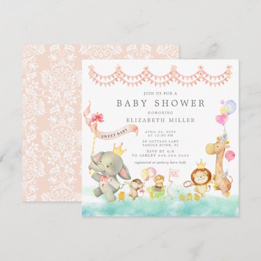 Sweet Safari Animals Parade Baby shower Invitation Kaart (Voorkant / Achterkant)