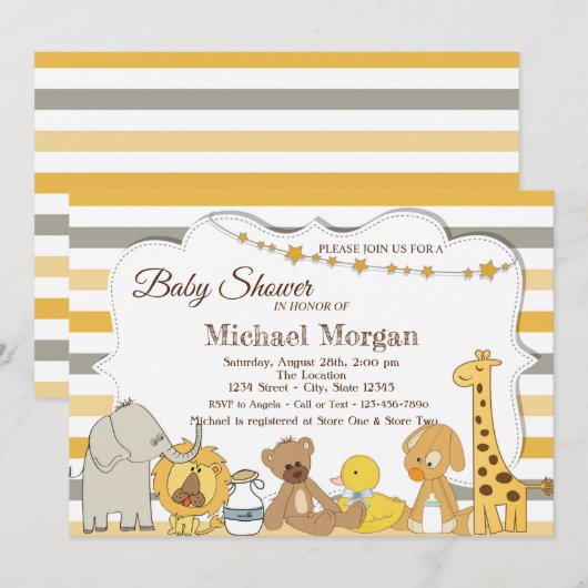 Sweet Safari Animals Striped Baby shower Kaart (Voorkant / Achterkant)
