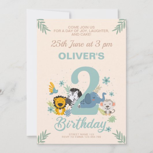 Sweet Safari Blue Pastel Tweede Verjaardag Kaart (Voorkant)