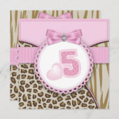 Sweet Safari Meisjes 5e Verjaardagsfeest Kaart (Voorkant / Achterkant)