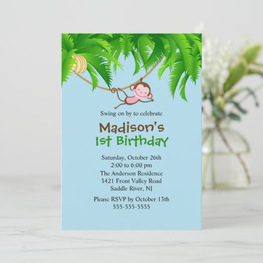 Sweet Safari Monkey Birthday Uitnodiging (Staand voorkant)