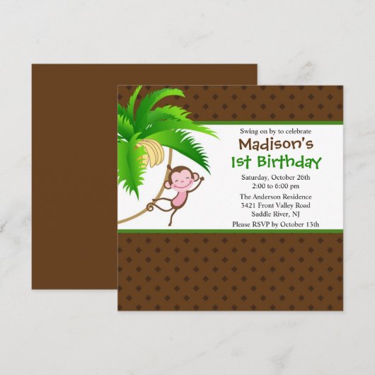 Sweet Safari Monkey Birthday Uitnodiging (Voorkant / Achterkant)