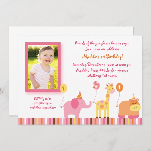 Sweet Safari Oerwoud Animal Birthday Invitations Kaart (Voorkant / Achterkant)