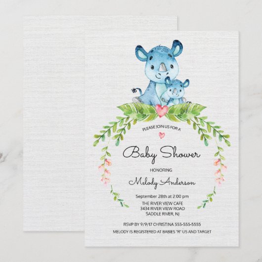 Sweet Safari Oerwoud Hippo Baby shower Invitation Kaart (Voorkant / Achterkant)