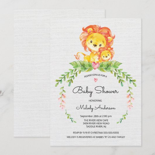 Sweet Safari Oerwoud Leeuw Baby shower Invitation Kaart (Voorkant / Achterkant)