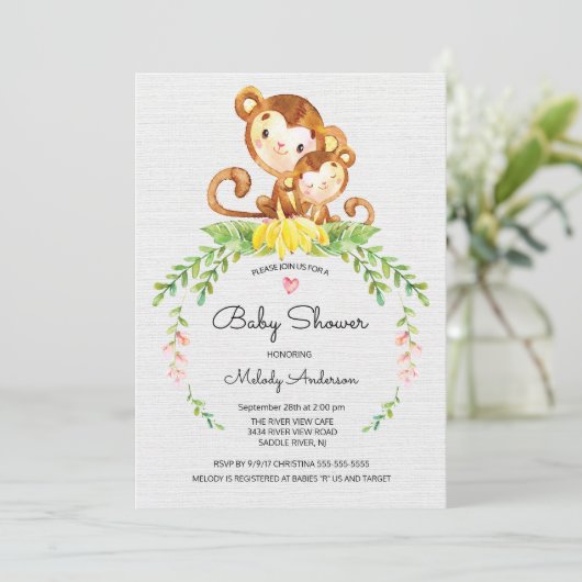 Sweet Safari Oerwoud Monkey Baby shower Invitation Kaart (Staand voorkant)