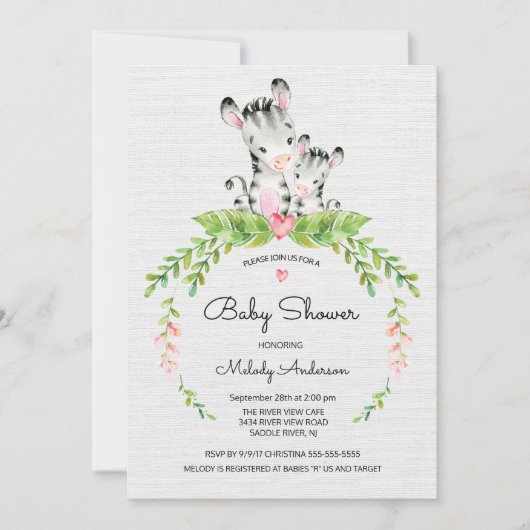 Sweet Safari Oerwoud Zebra Baby shower uitnodiging (Voorkant)