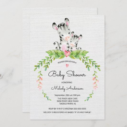 Sweet Safari Oerwoud Zebra Baby shower uitnodiging (Voorkant / Achterkant)