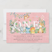 Sweet Safari ONE Girls 1ST Birthday Invitation Kaart (Voorkant)