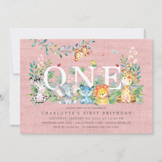 Sweet Safari ONE Girls 1ST Birthday Invitation Kaart (Voorkant)