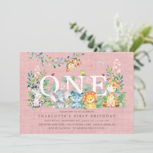 Sweet Safari ONE Girls 1ST Birthday Invitation Kaart (Staand voorkant)