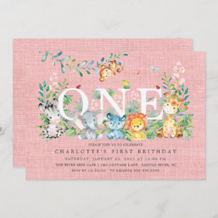 Sweet Safari ONE Girls 1ST Birthday Invitation Kaart