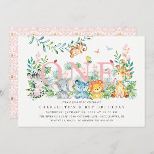 Sweet Safari ONE Girls 1ST Birthday Invitation Kaart