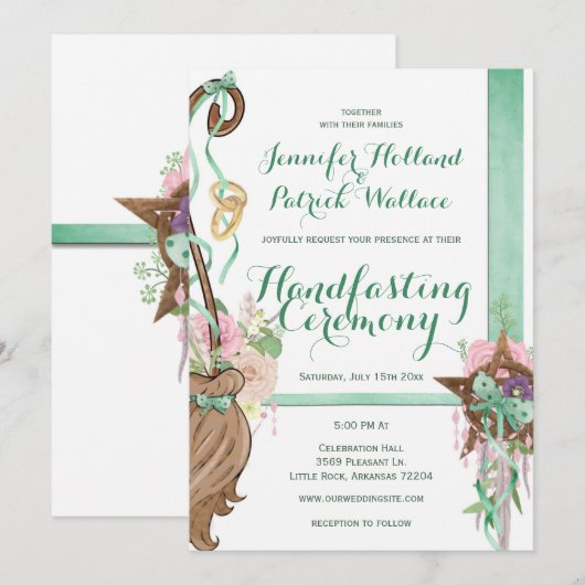 Sweet Sage Groen & Roze Bloemen bezem Handfasten Kaart (Voorkant / Achterkant)