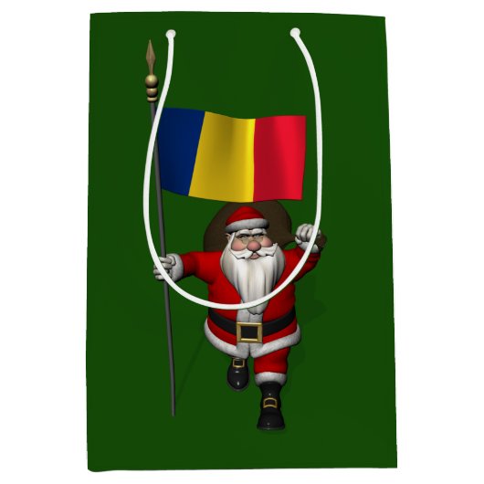 Sweet Santa Claus met de vlag van Roemenië Medium Cadeauzakje (Voorkant)