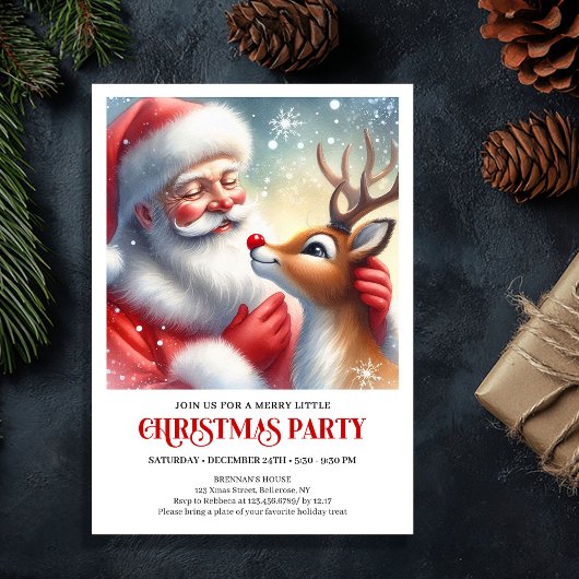Sweet Santa Rudolph Christmas Party Invitation Kaart