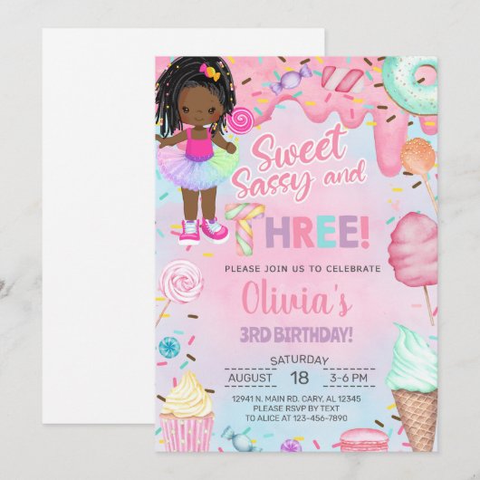 Sweet sassy and three girl 3rd birthday invitation kaart (Voorkant / Achterkant)