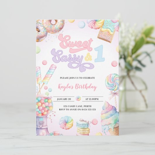 Sweet Sassy en One Pastel Snoep eerste verjaardag Kaart (Staand voorkant)