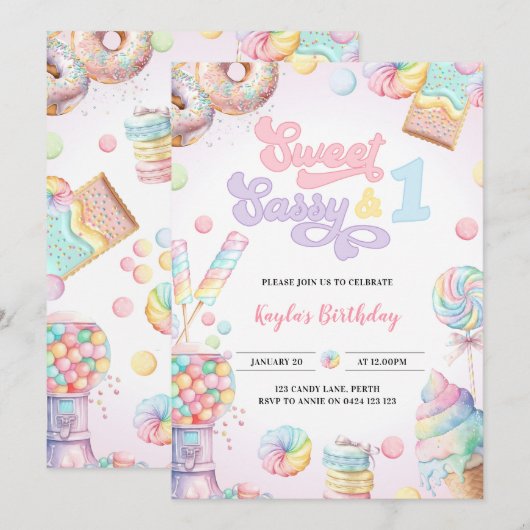 Sweet Sassy en One Pastel Snoep eerste verjaardag Kaart (Voorkant / Achterkant)