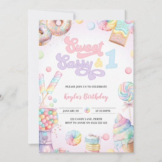 Sweet Sassy en One Pastel Snoep eerste verjaardag Kaart (Voorkant)