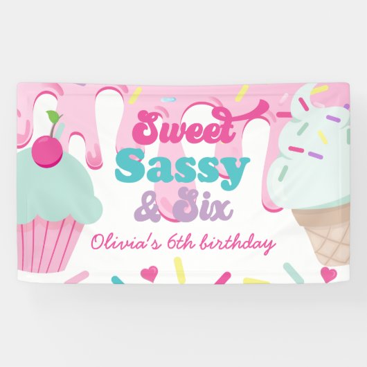 Sweet Sassy en Six Ice Cream and Cake Verjaardag Spandoek (Horizontaal)