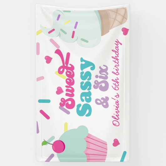 Sweet Sassy en Six Ice Cream and Cake Verjaardag Spandoek (Verticaal)