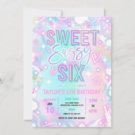Sweet Sassy en Six Neon Glow 6e verjaardagsfeestje Kaart (Voorkant)