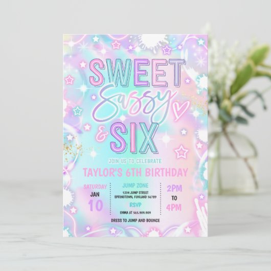 Sweet Sassy en Six Neon Glow 6e verjaardagsfeestje Kaart (Staand voorkant)