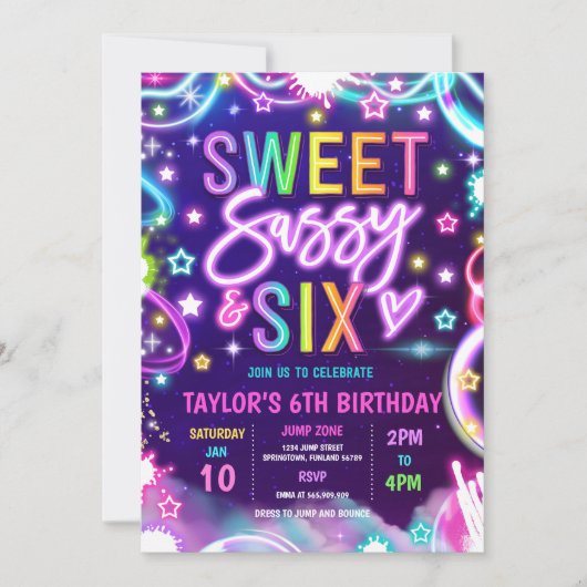 Sweet Sassy en Six Neon Glow 6e verjaardagsfeestje Kaart (Voorkant)