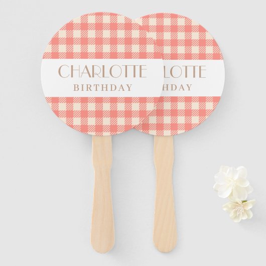 Sweet schattige bleke roze gingham plaid gecontrol handwaaier (Voorkant en achterkant)